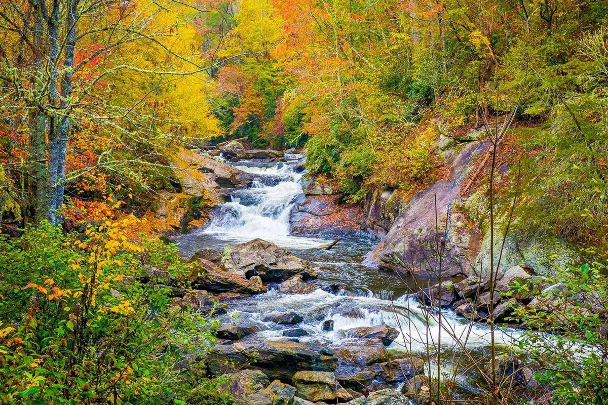 A serene natural setting with glistening water, colorful autumn foliage, and striking rock formations. The scenery is ideal for hiking, picnicking, and enjoying immersive nature experiences. The inviting atmosphere highlights the tranquility and beauty of nearby parks.